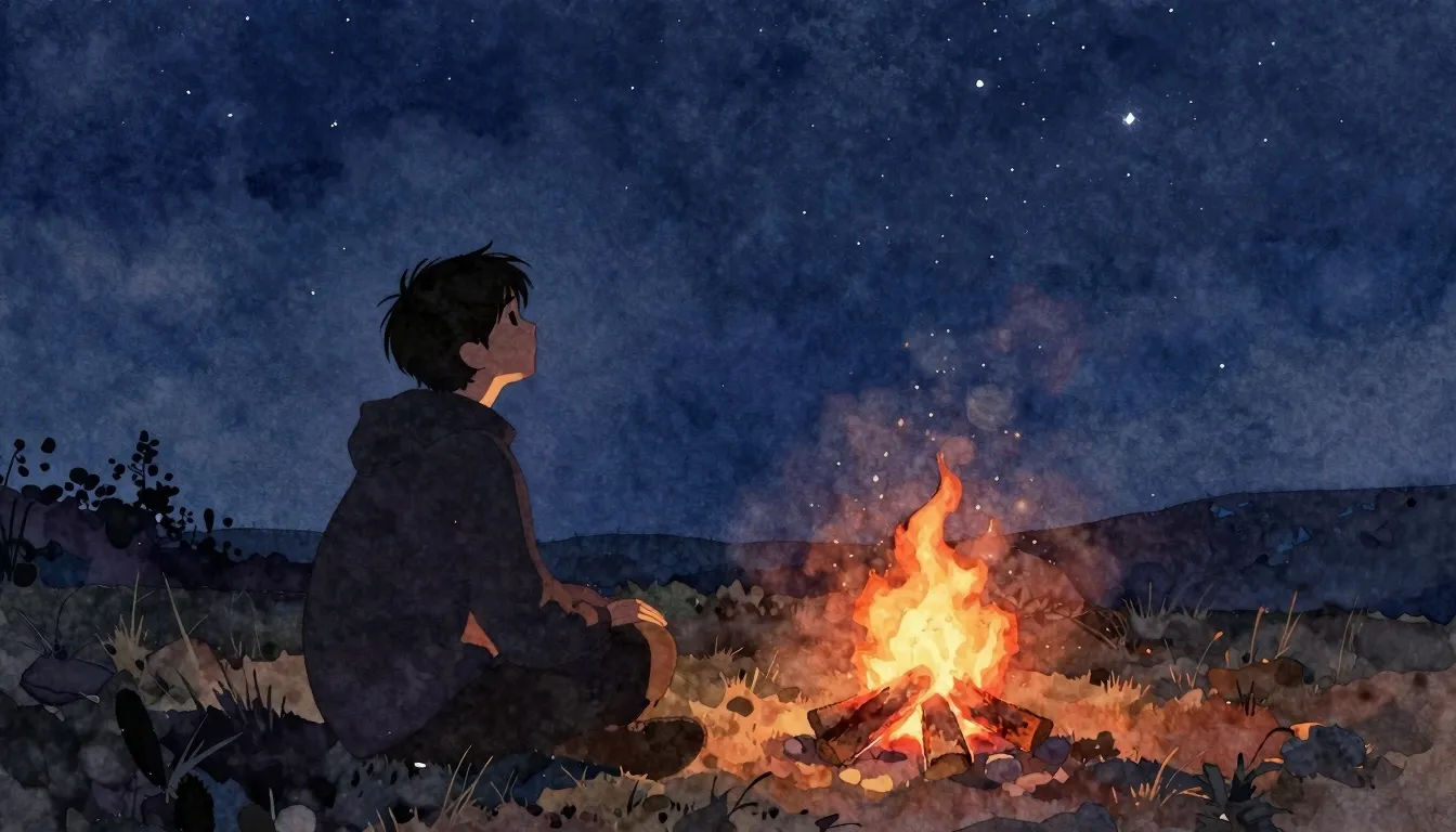 Vibrant watercolor style. A lonely silhouette of a young man...