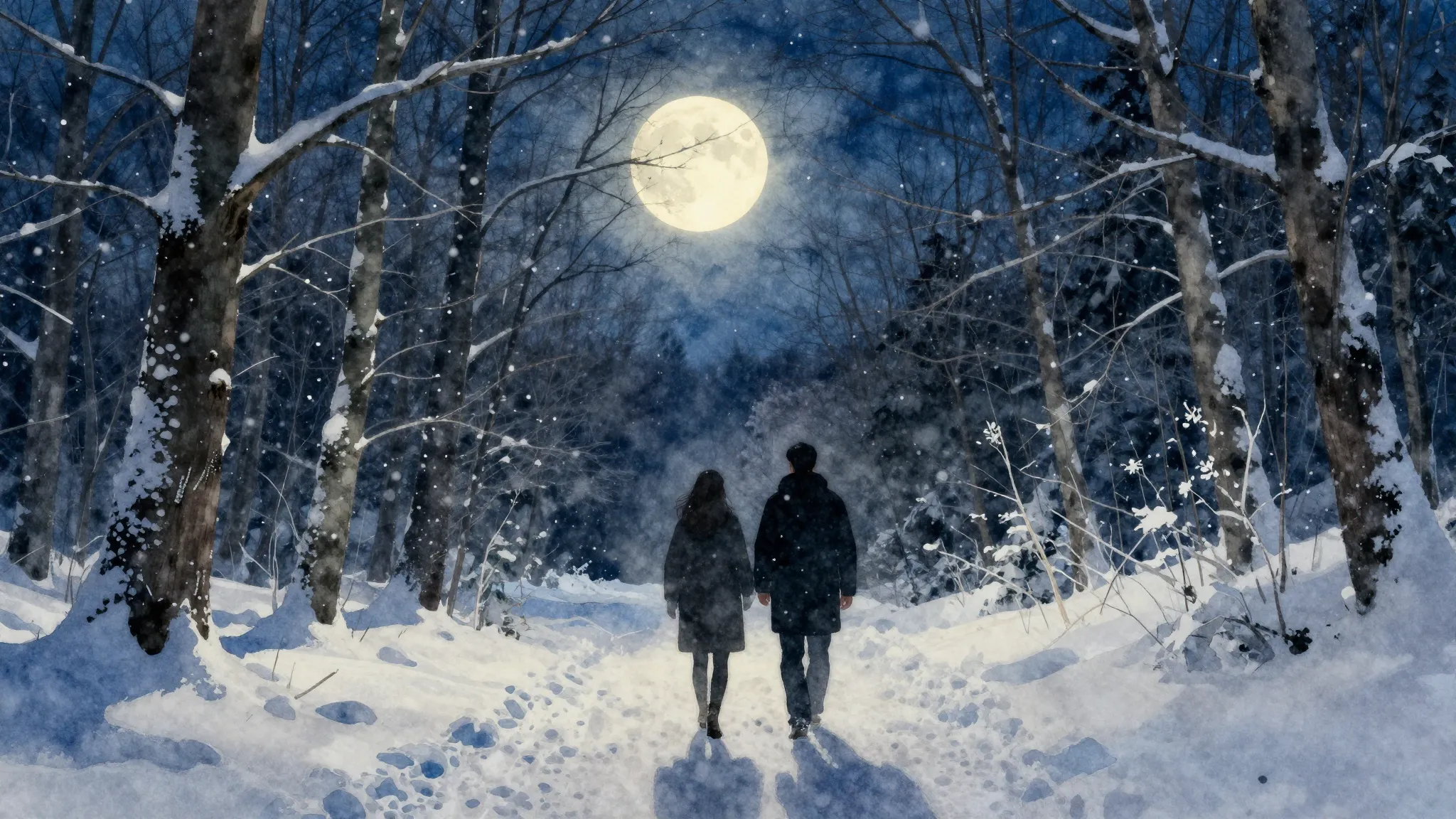 Watercolor style. Winter forest at night, falling snow, two ...