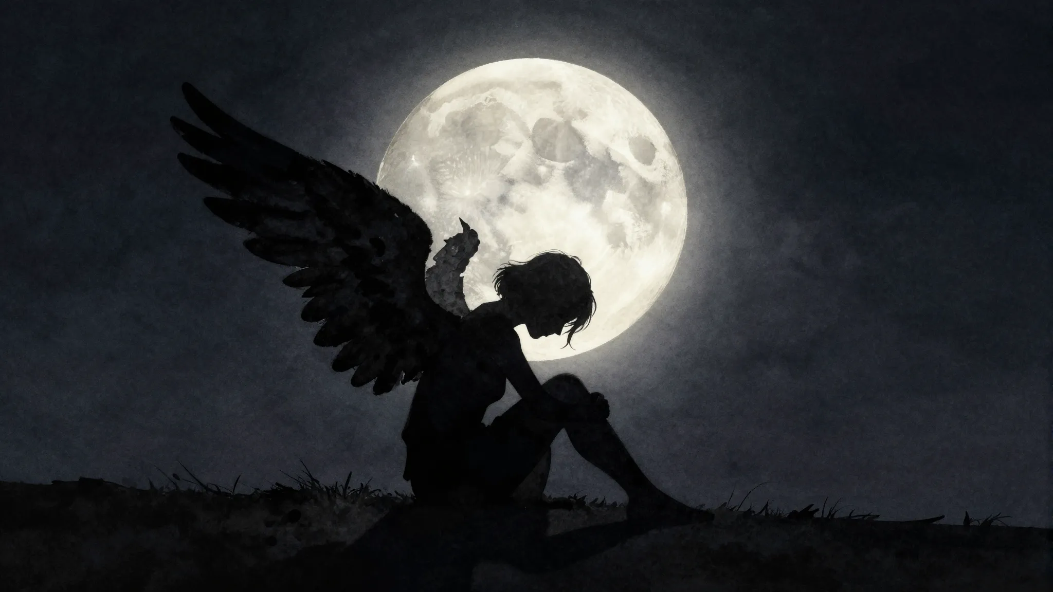 Watercolor style. Dark night, glowing full moon, silhouette ...