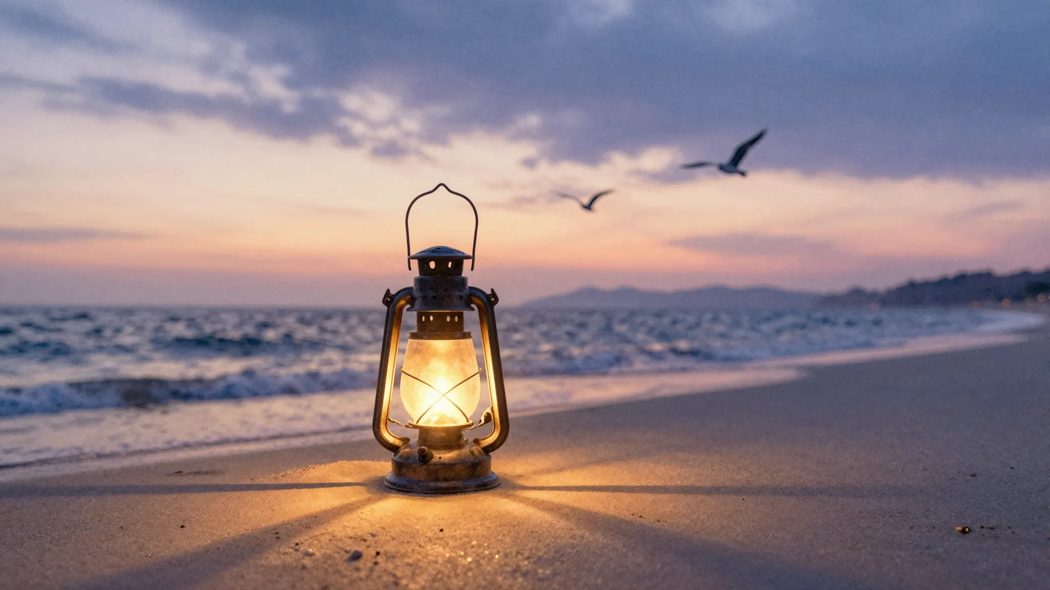Watercolor style. A warm glowing lantern on a calm beach at ...