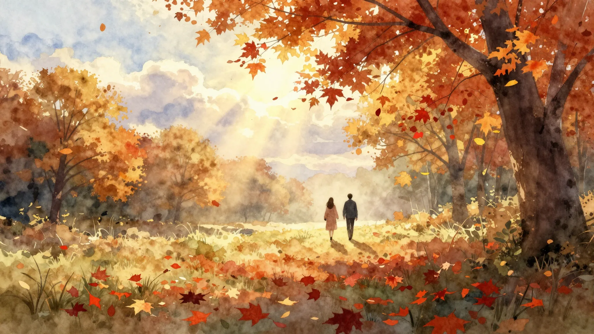 Watercolor style. Autumn landscape with falling red and gold...