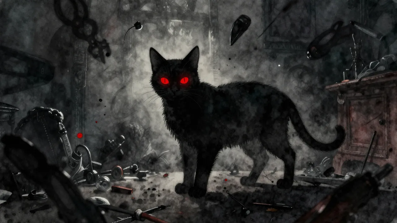 Watercolor style. Black cat silhouette with glowing red eyes...