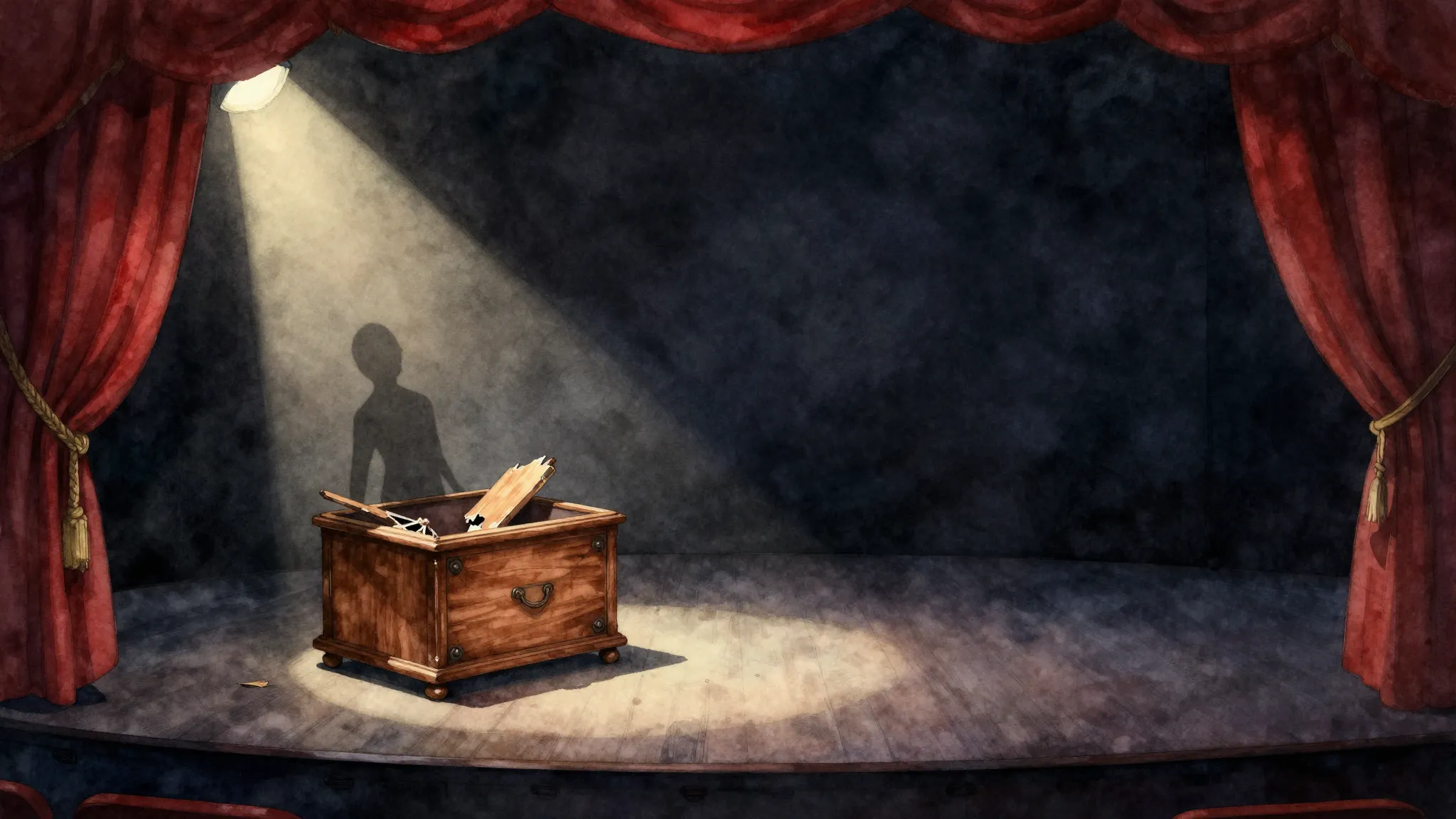 Watercolor style. Dark empty theater stage, single spotlight...