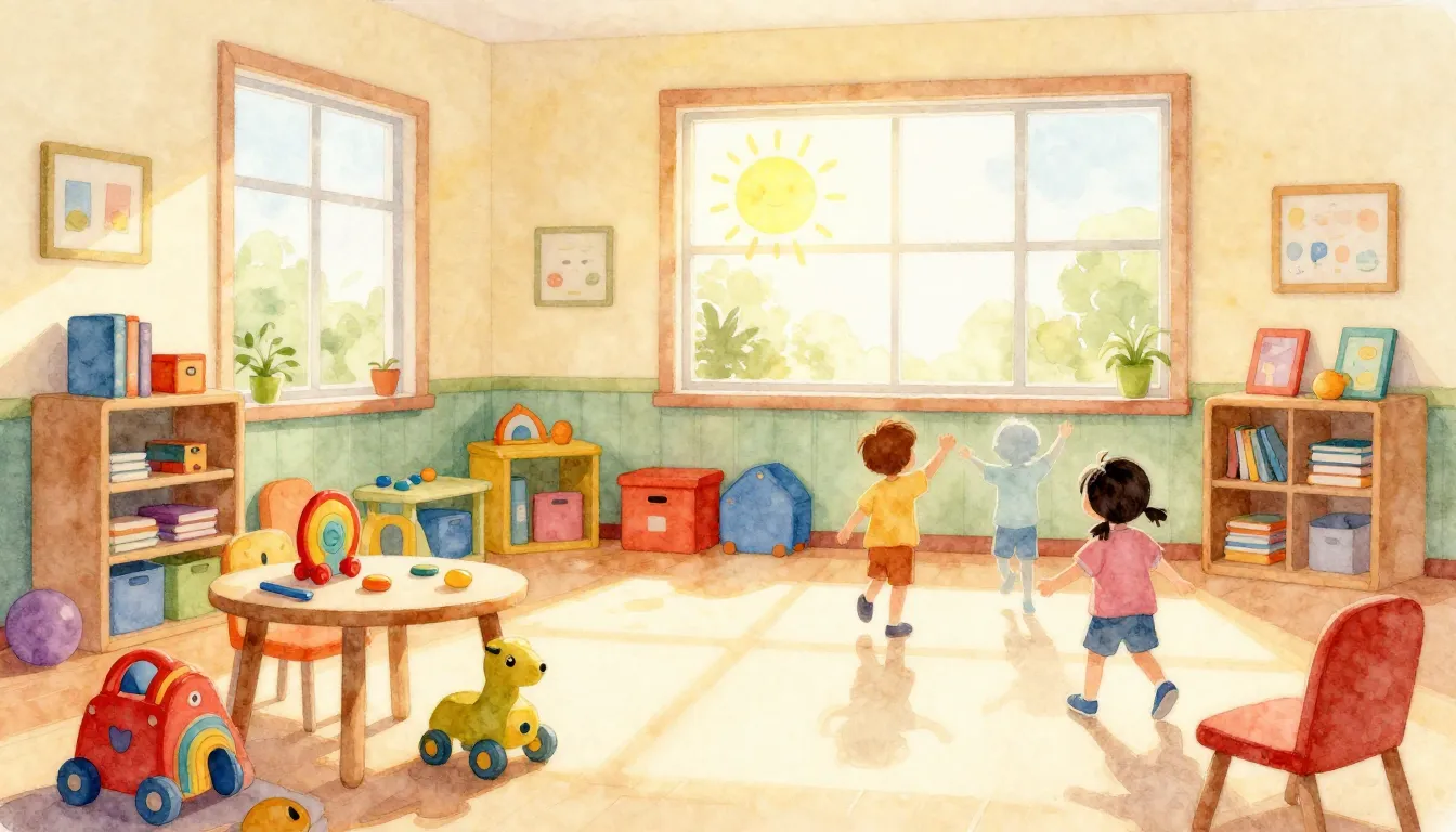 Watercolor style. A colorful kindergarten classroom with toy...