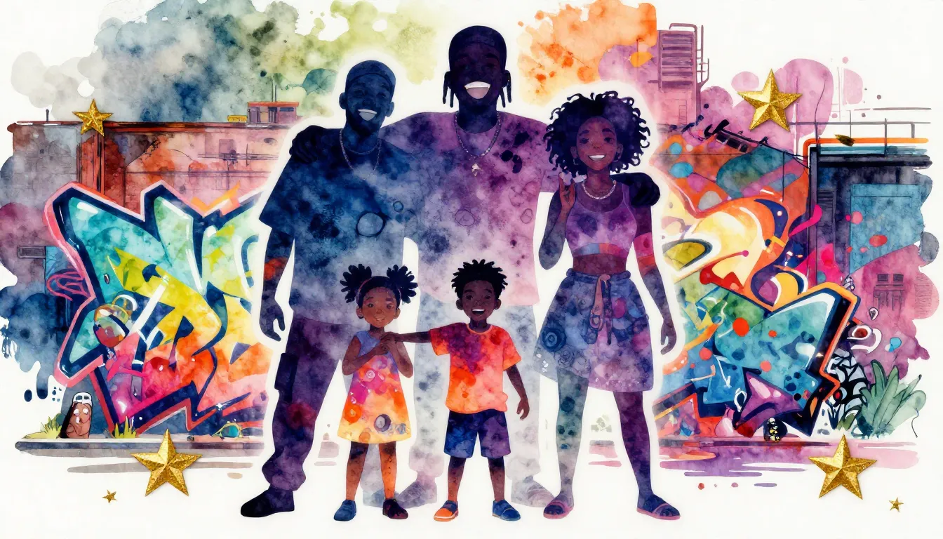 Vibrant watercolor style. Hip-hop album cover, stylized silh...