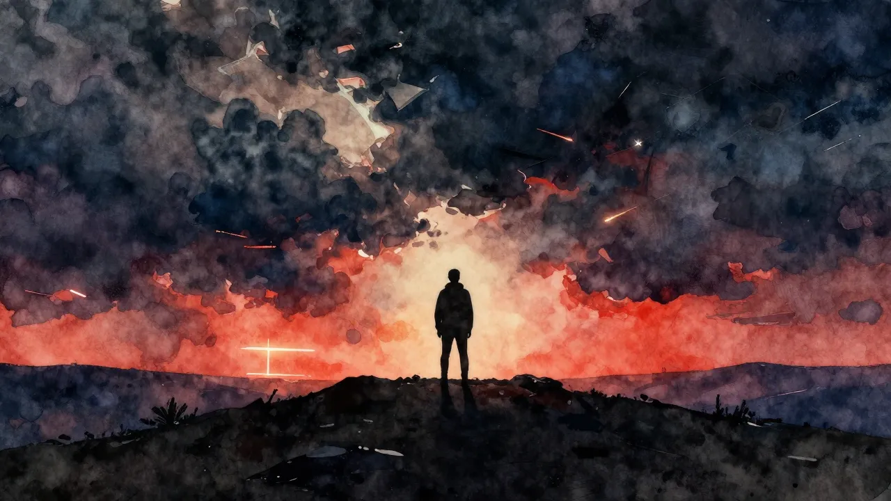 Vibrant watercolor style. Dramatic rock album cover, silhoue...