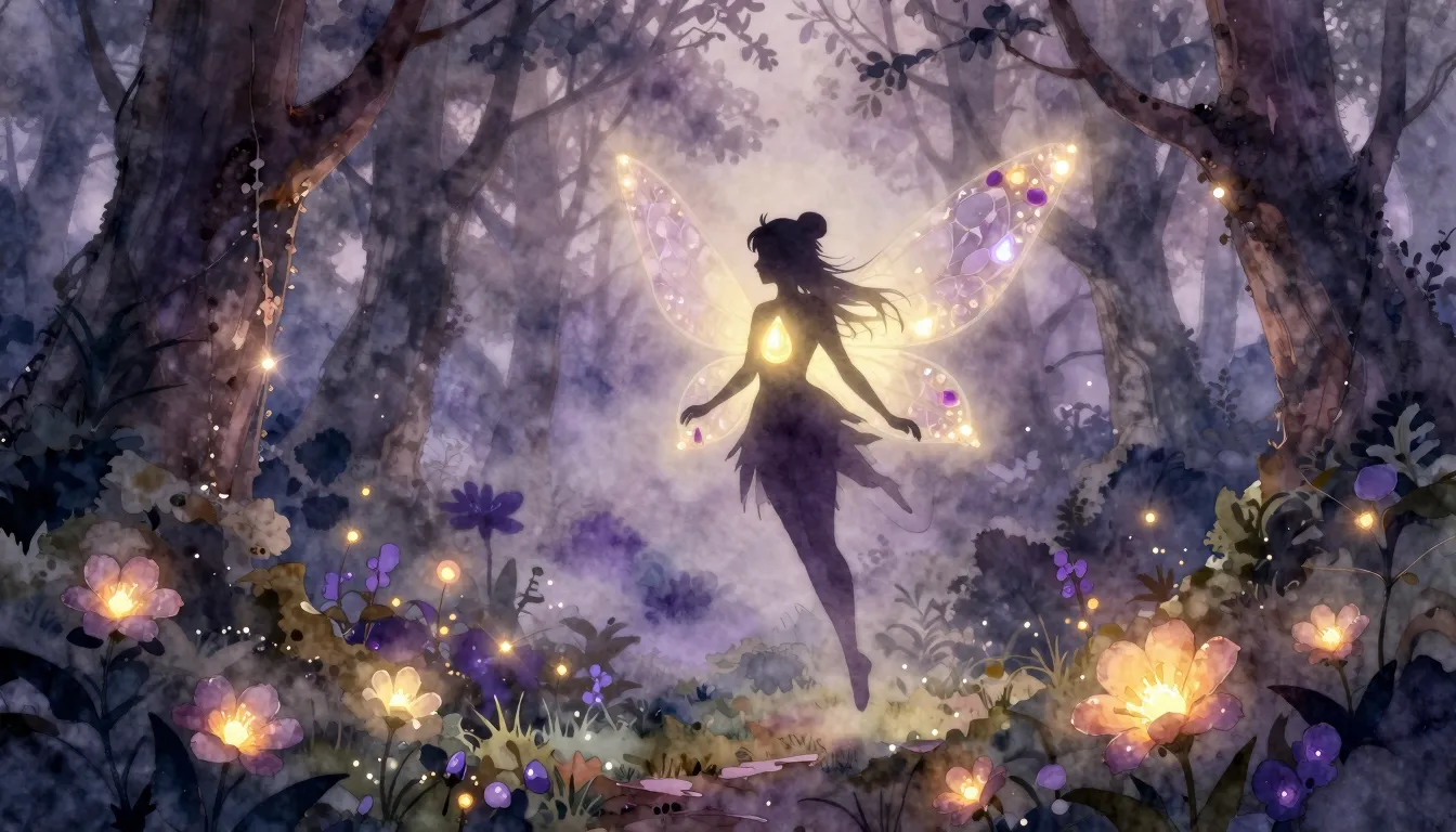 Watercolor style. Silhouette of a glowing fairy gliding in a...