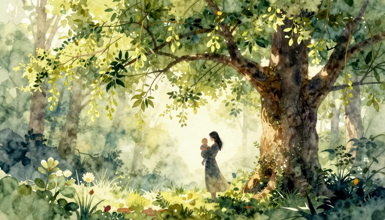 Watercolor style. A beautiful large linden tree in a magical...