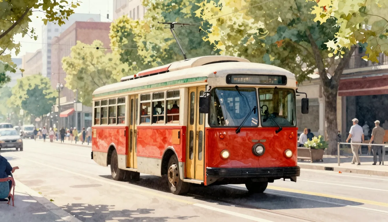 Vibrant watercolor style. A vintage trolleybus driving throu...
