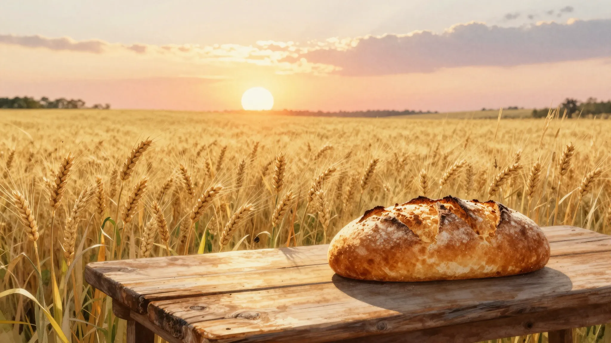 Vibrant watercolor style. A vast golden wheat field under a ...