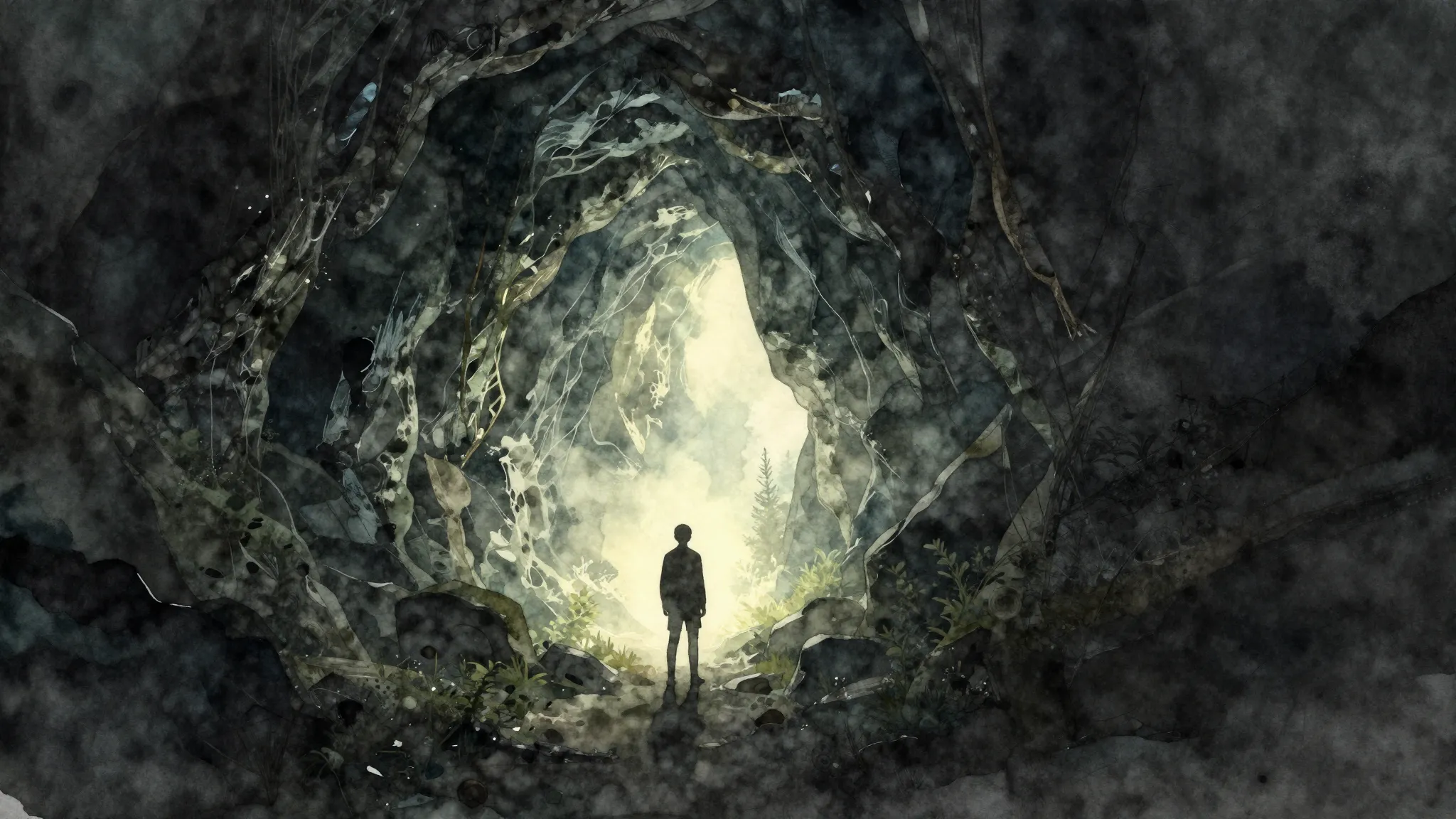 Watercolor style. A mysterious dark cave with a glowing ligh...