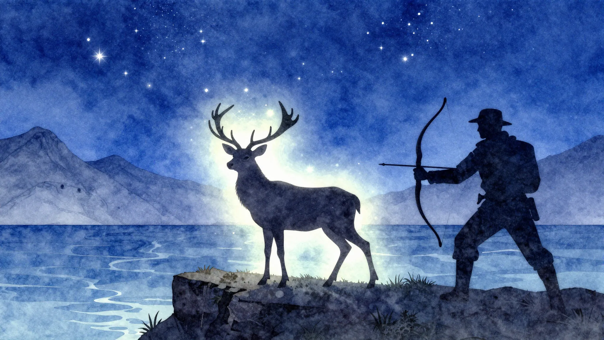 Watercolor style. Silhouette of a deer turning its head on a...