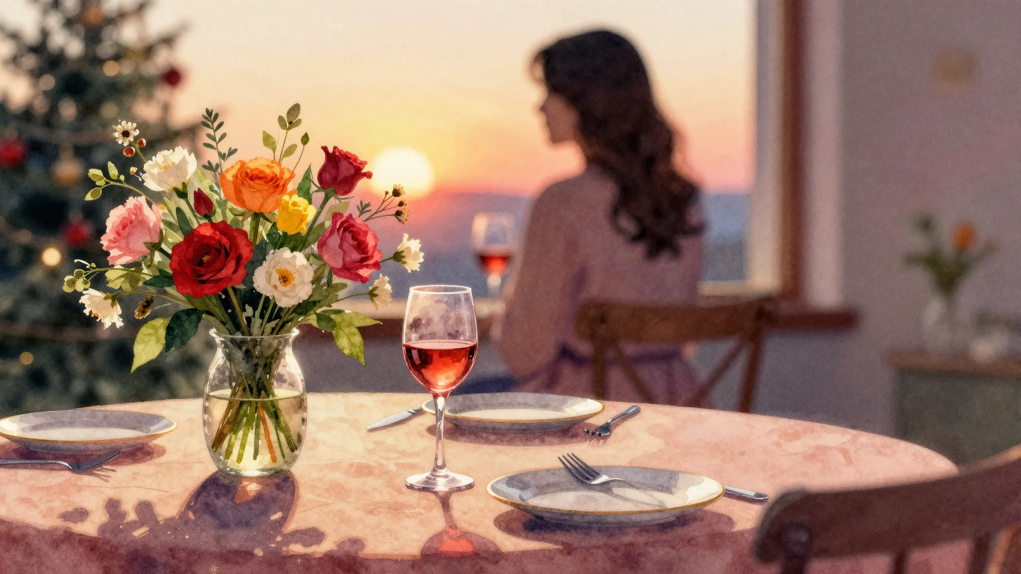 Vibrant watercolor style. A cozy festive table with a bouque...