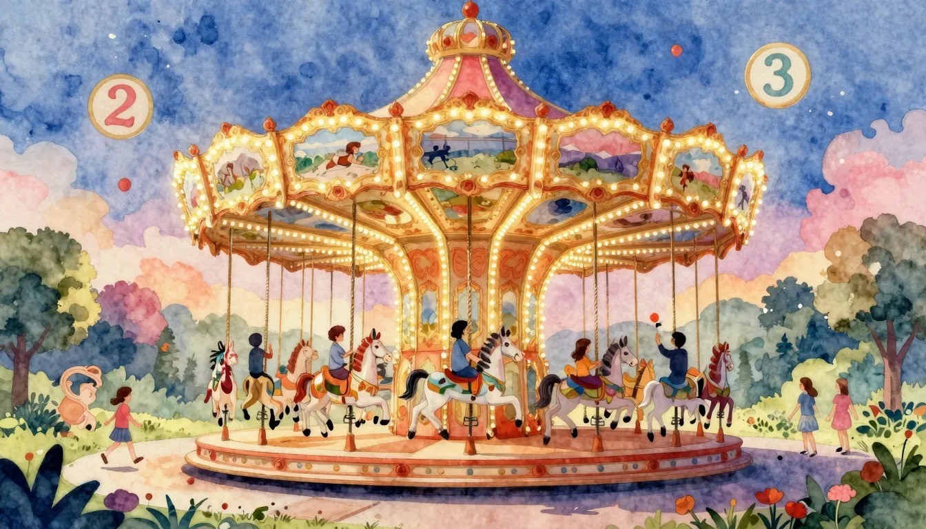Watercolor style. A spinning carousel in a magical park, glo...