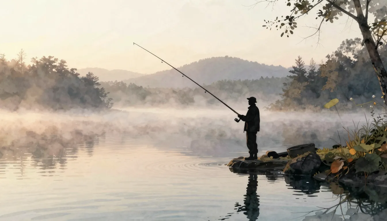 Watercolor style. A silhouette of a lone fisherman by a quie...