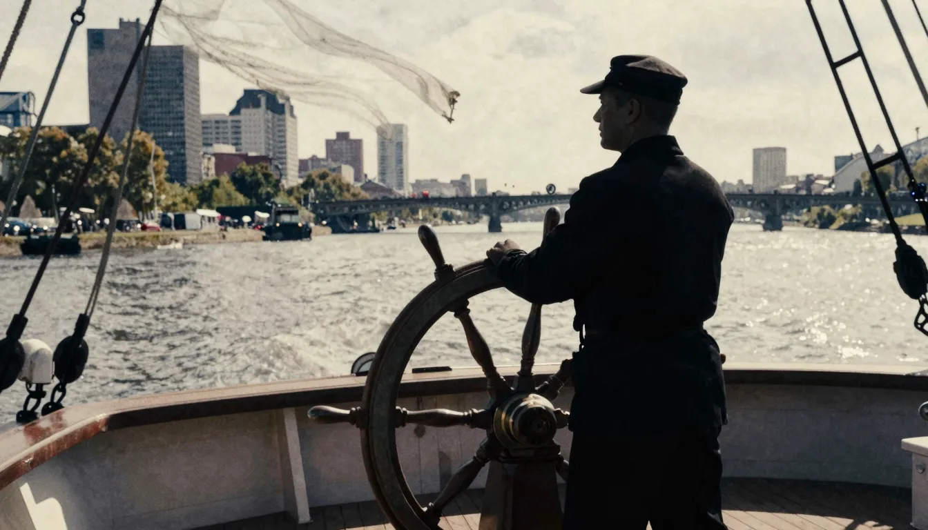 Watercolor style. Silhouette of a helmsman steering a ship w...