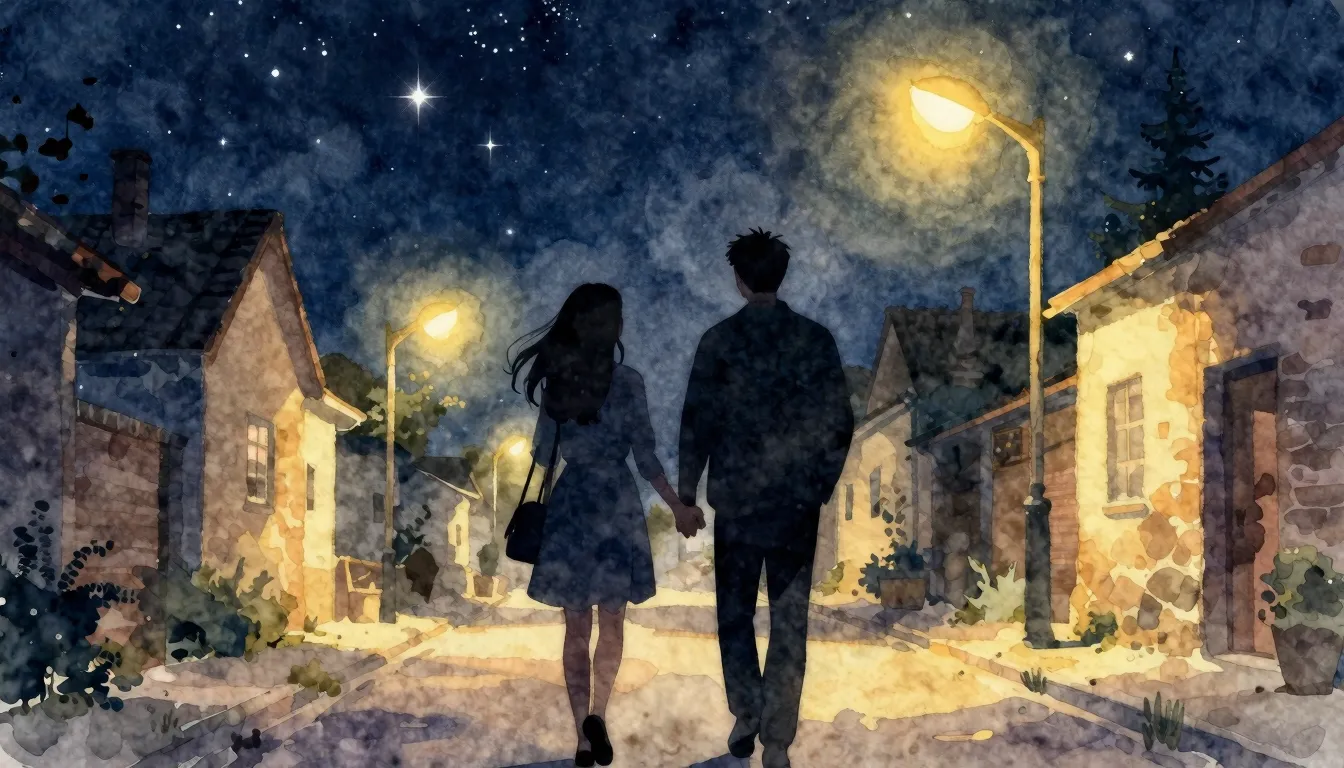 Watercolor style. A silhouette of a couple holding hands und...