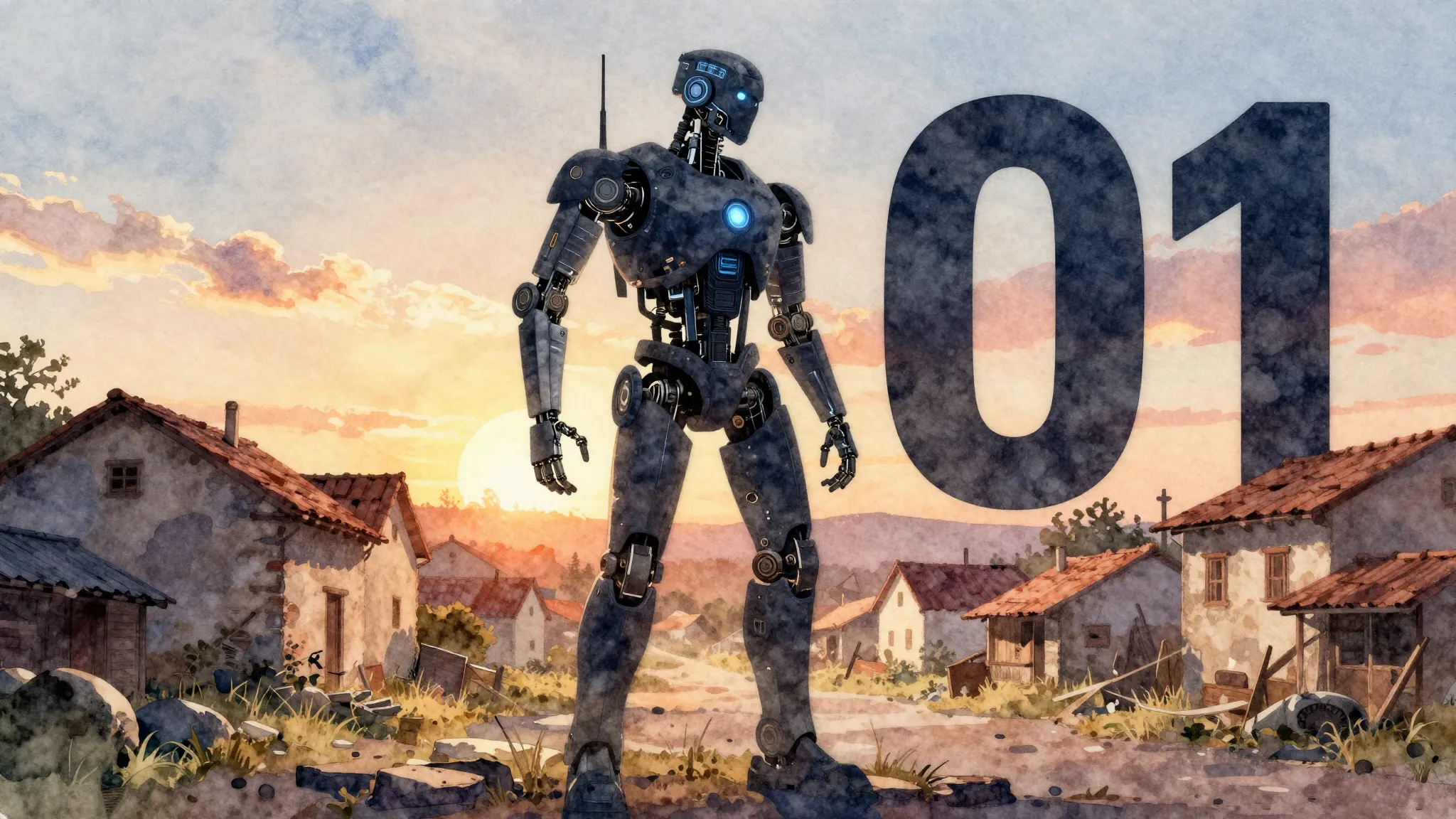 Watercolor style. Silhouette of a cyborg in a village settin...
