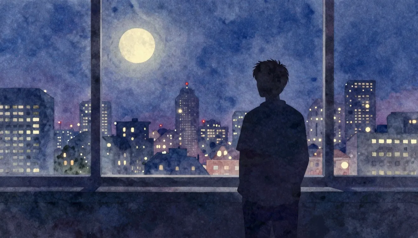 Vibrant watercolor style. A lonely silhouette standing by a ...