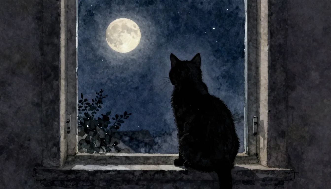 Watercolor style. Silhouette of a cat sitting by a window lo...