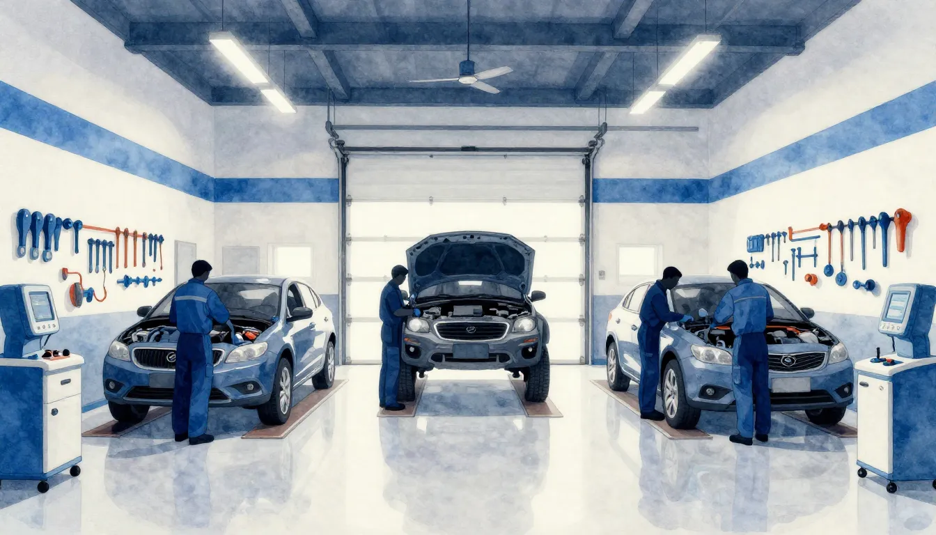 Watercolor style. A clean and organized car garage interior,...
