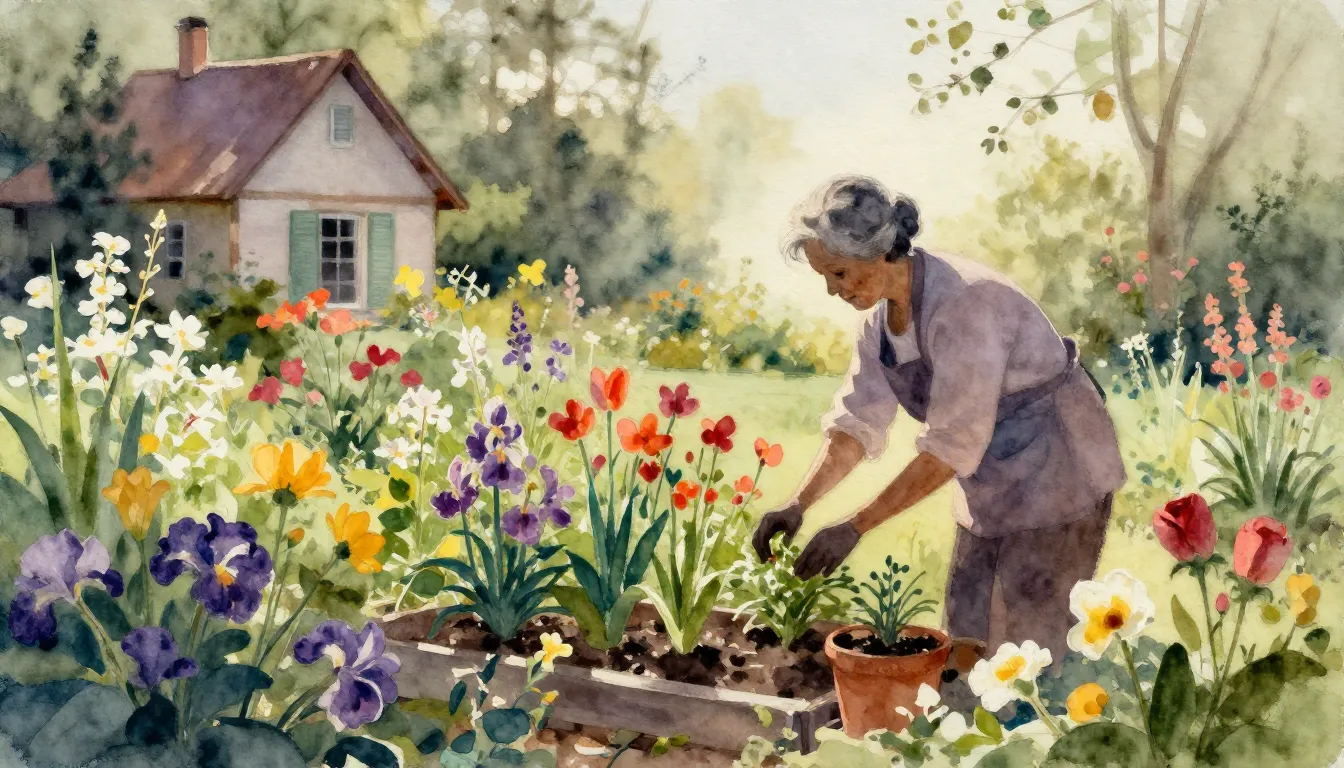 Watercolor style. A cozy garden full of blooming colorful fl...