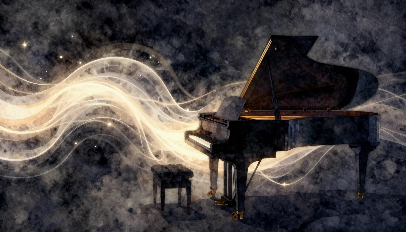 Watercolor style. Abstract flowing shapes, glowing waves, da...