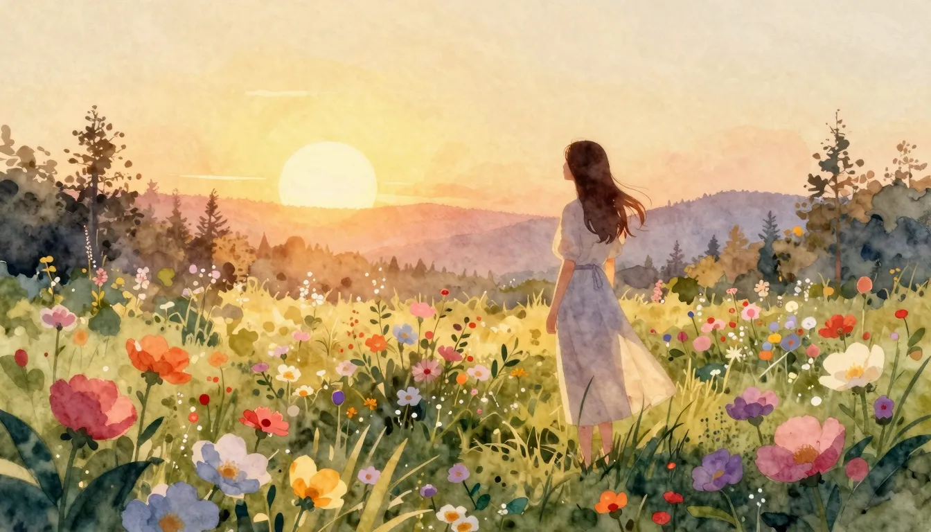Vibrant watercolor style. A warm and serene landscape at sun...
