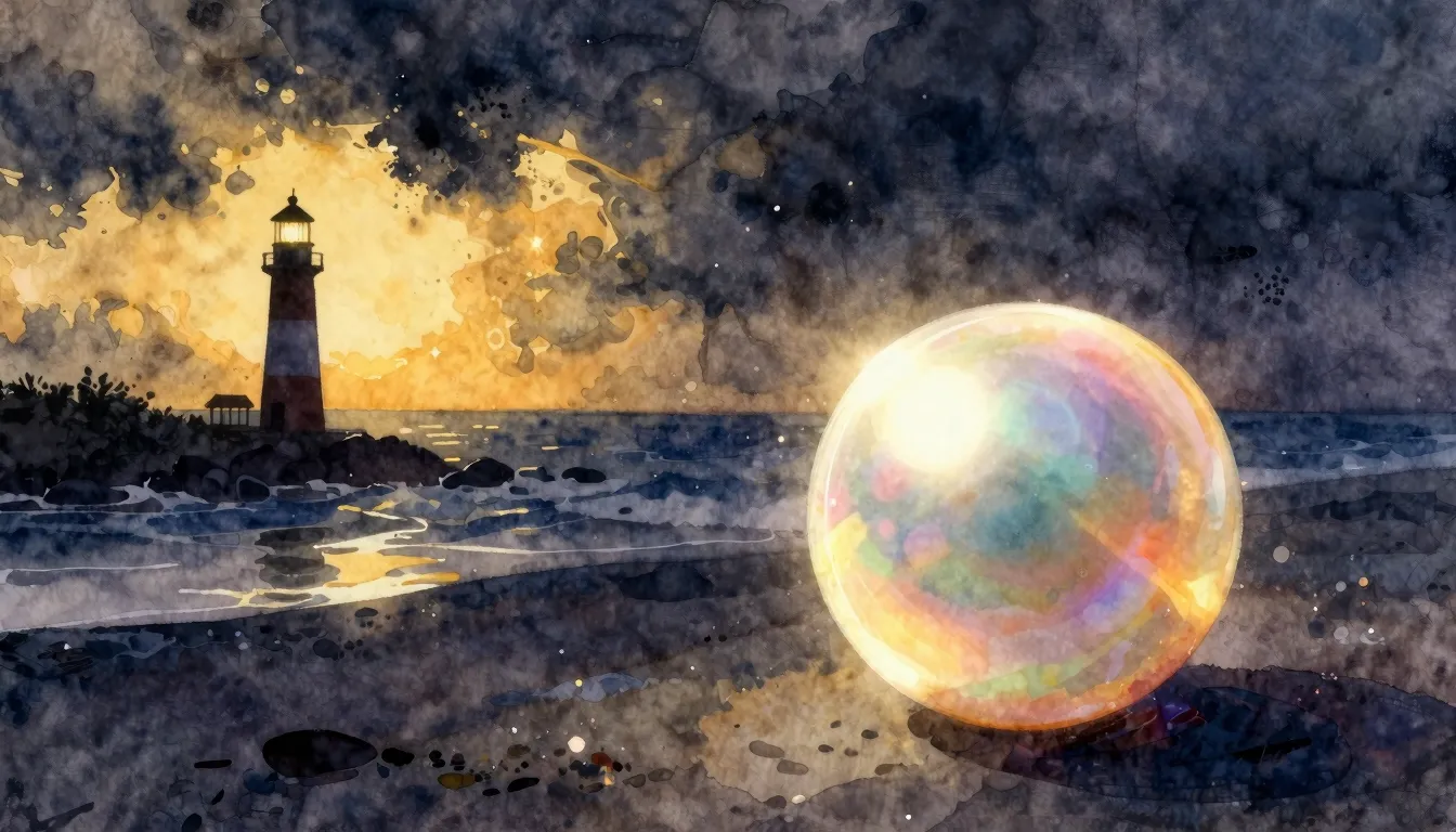 Vibrant watercolor style. A glowing pearl on a dark stormy b...
