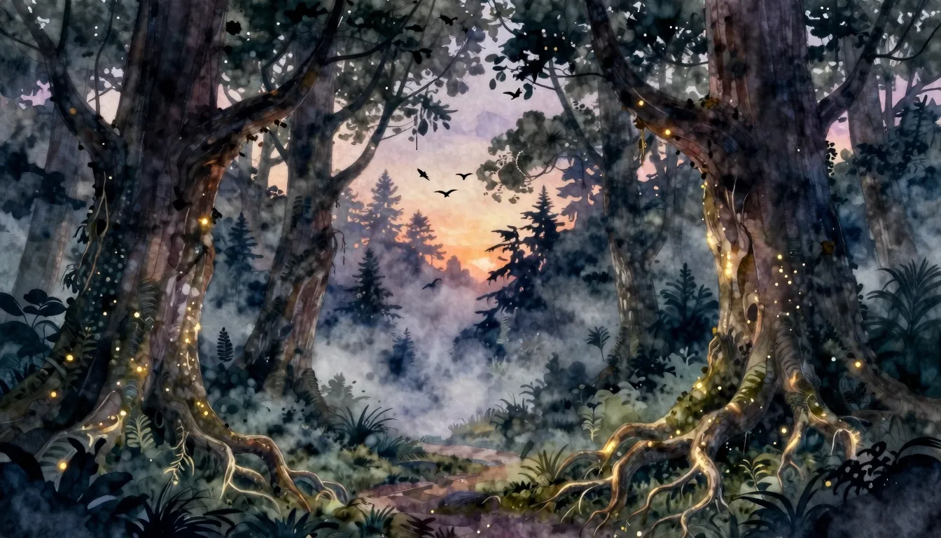 Watercolor style. A dense, mystical forest at twilight, anci...