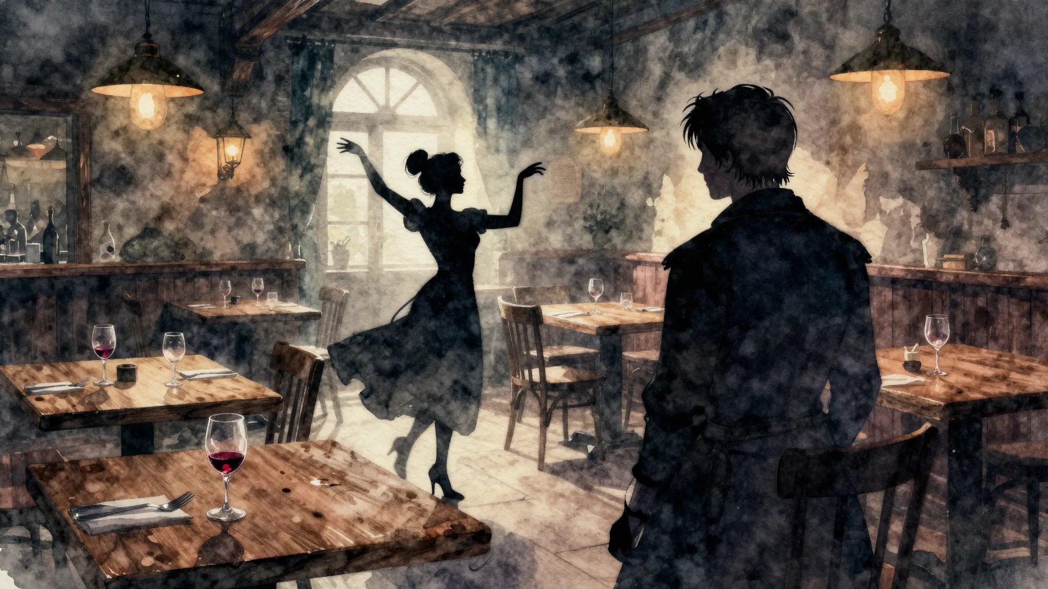 Watercolor style. A dimly lit tavern interior, wooden tables...