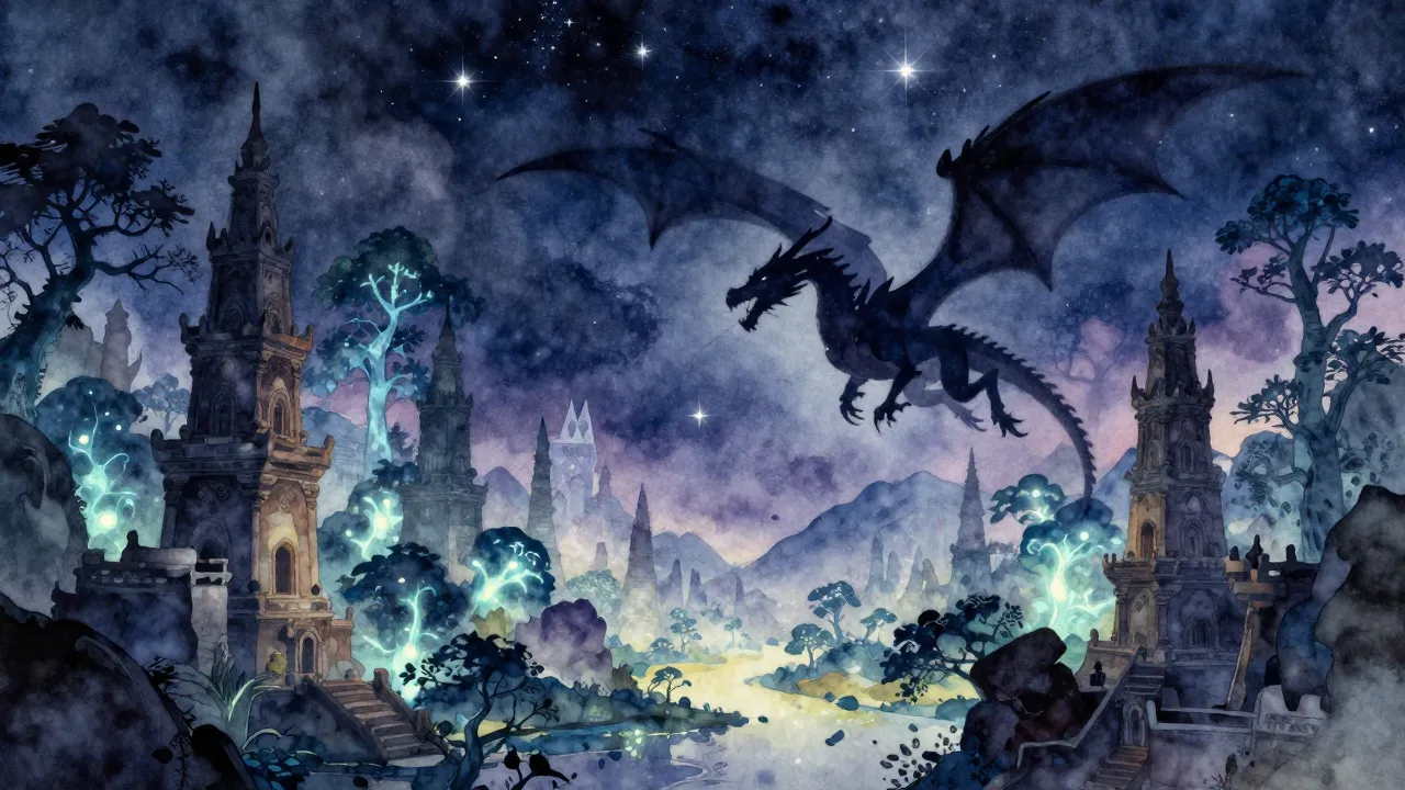 Watercolor style. Fantasy landscape with a flying dragon sil...