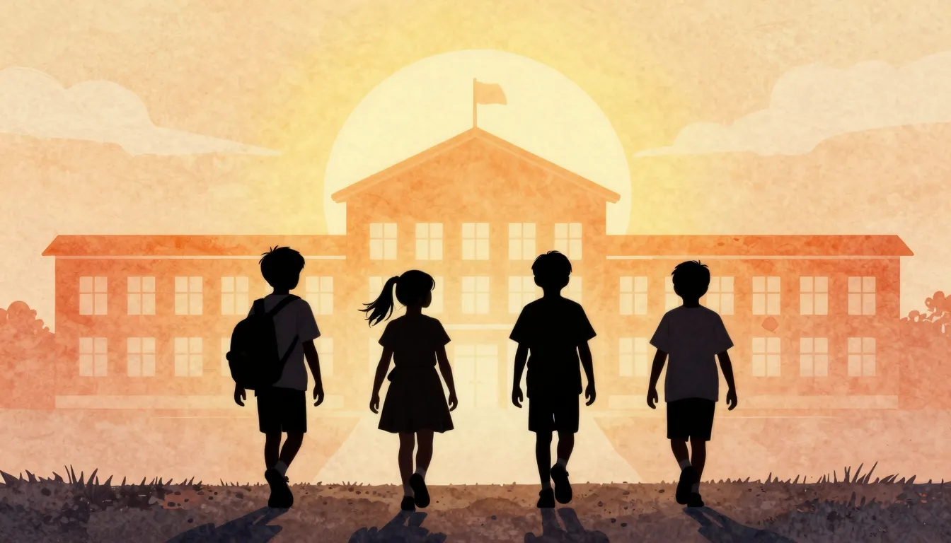 Watercolor style. Silhouettes of four children walking towar...