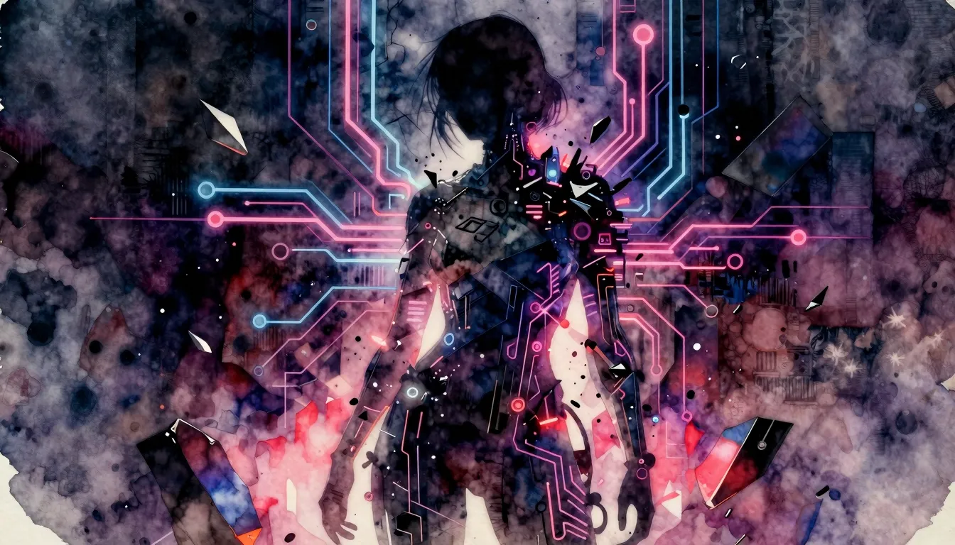 Vibrant watercolor style. Cyberpunk aesthetic, abstract silh...