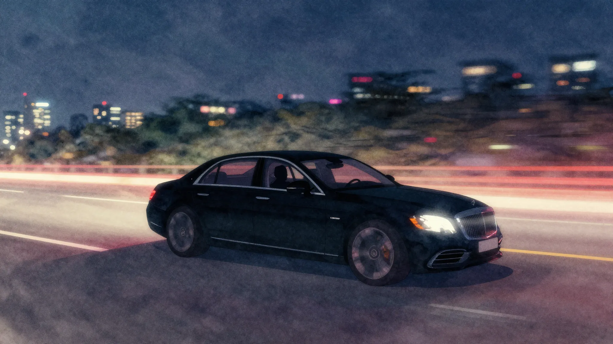 Vibrant watercolor style. A lonely silhouette of a driver in...