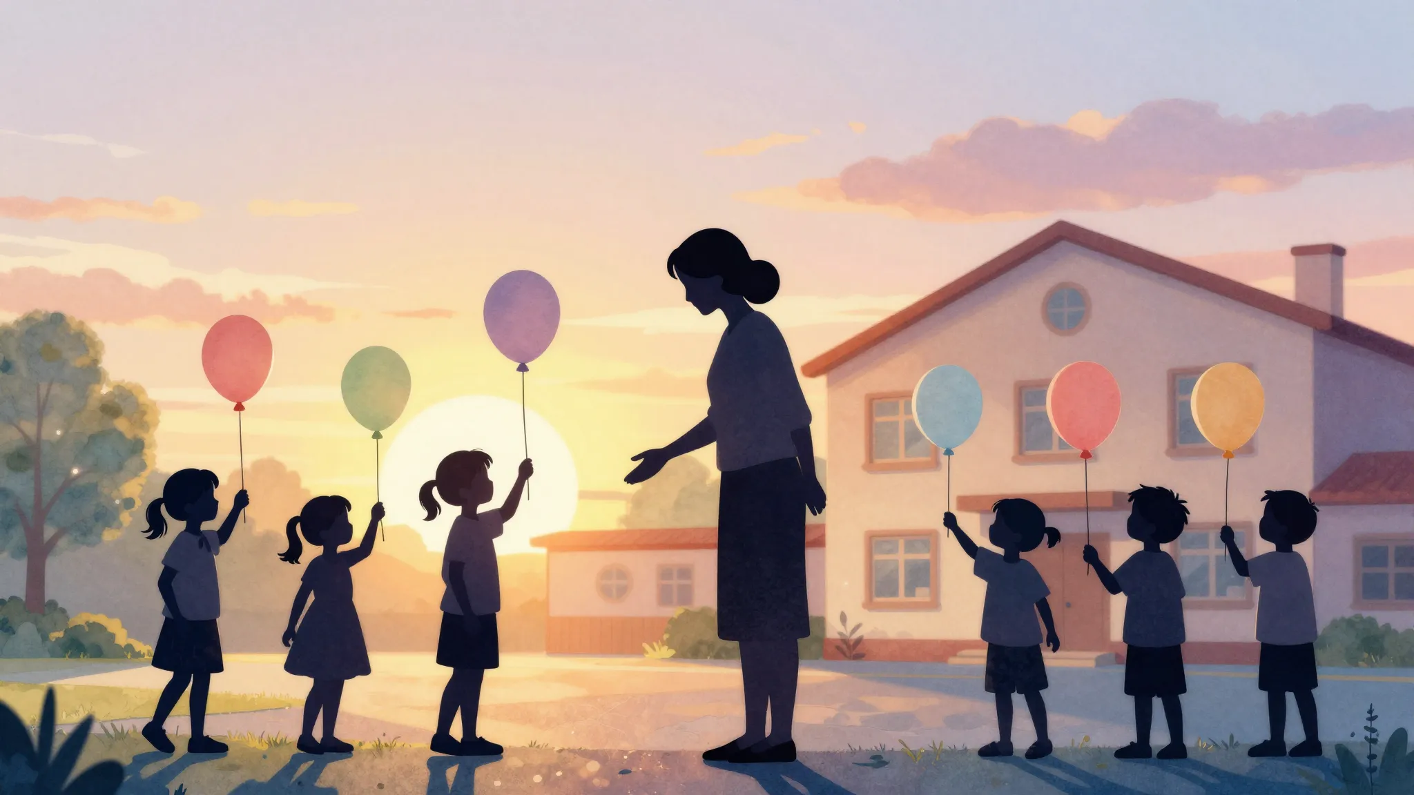 Watercolor style. Silhouettes of small children holding ball...