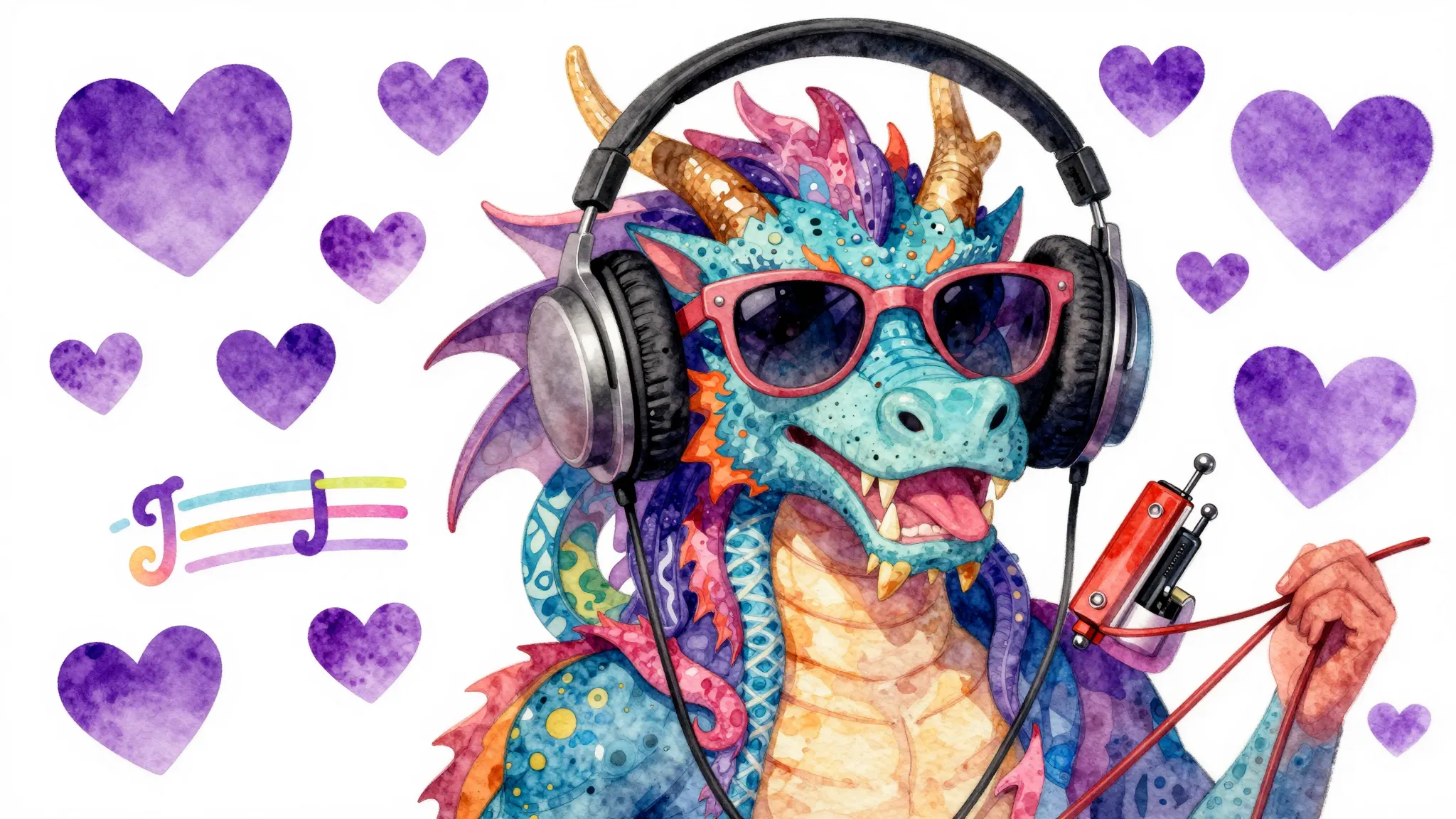 Vibrant watercolor style. A funky multi-headed dragon wearin...