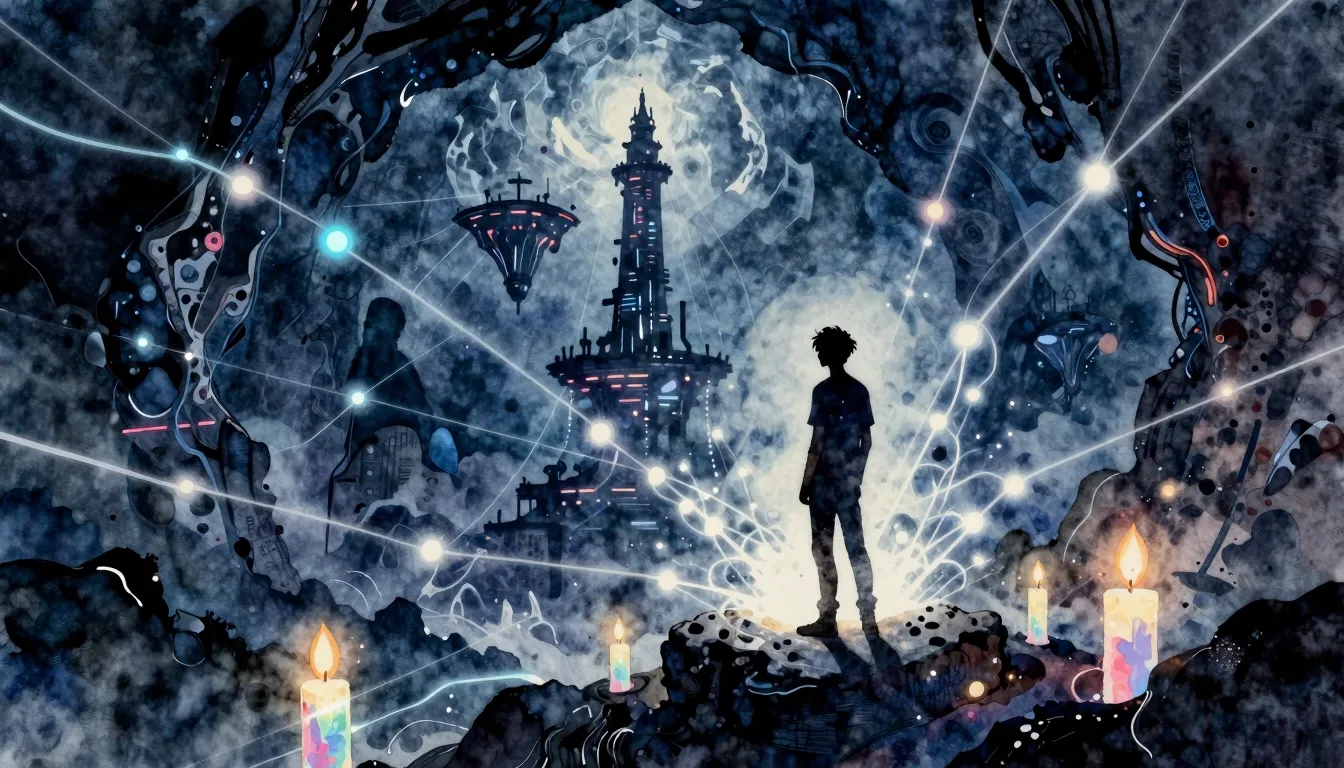 Watercolor style. Futuristic landscape, glowing energy threa...