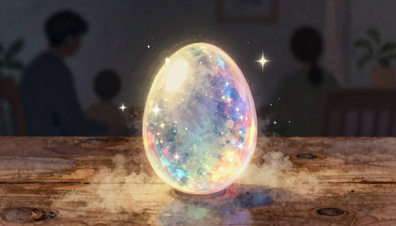 Watercolor style. Glowing holographic egg on a wooden table,...