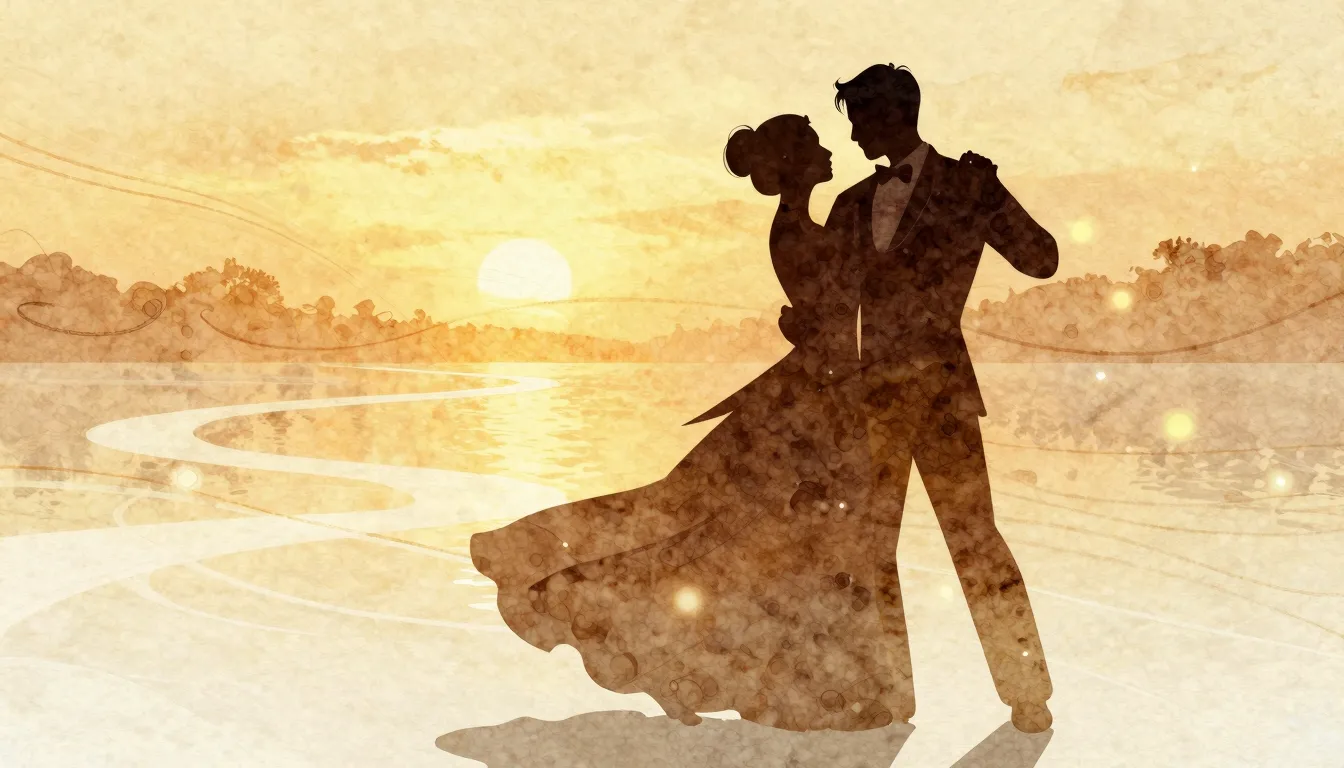 Watercolor style. Silhouette of a bride and groom dancing a ...