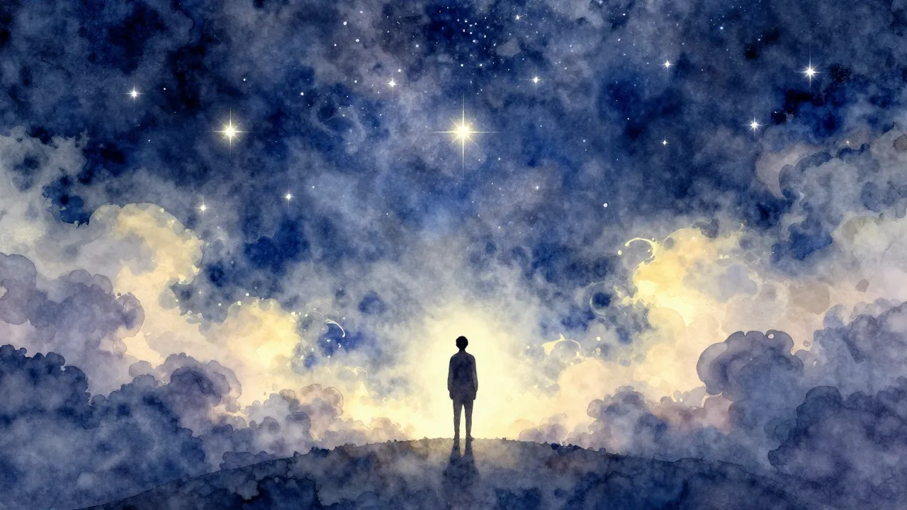 Watercolor style. Silhouette of a lonely figure looking up a...