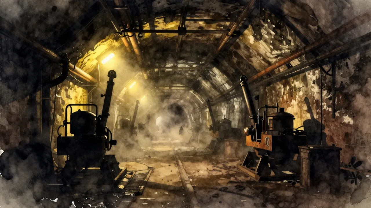 Vibrant watercolor style. Gritty industrial aesthetic, a dar...
