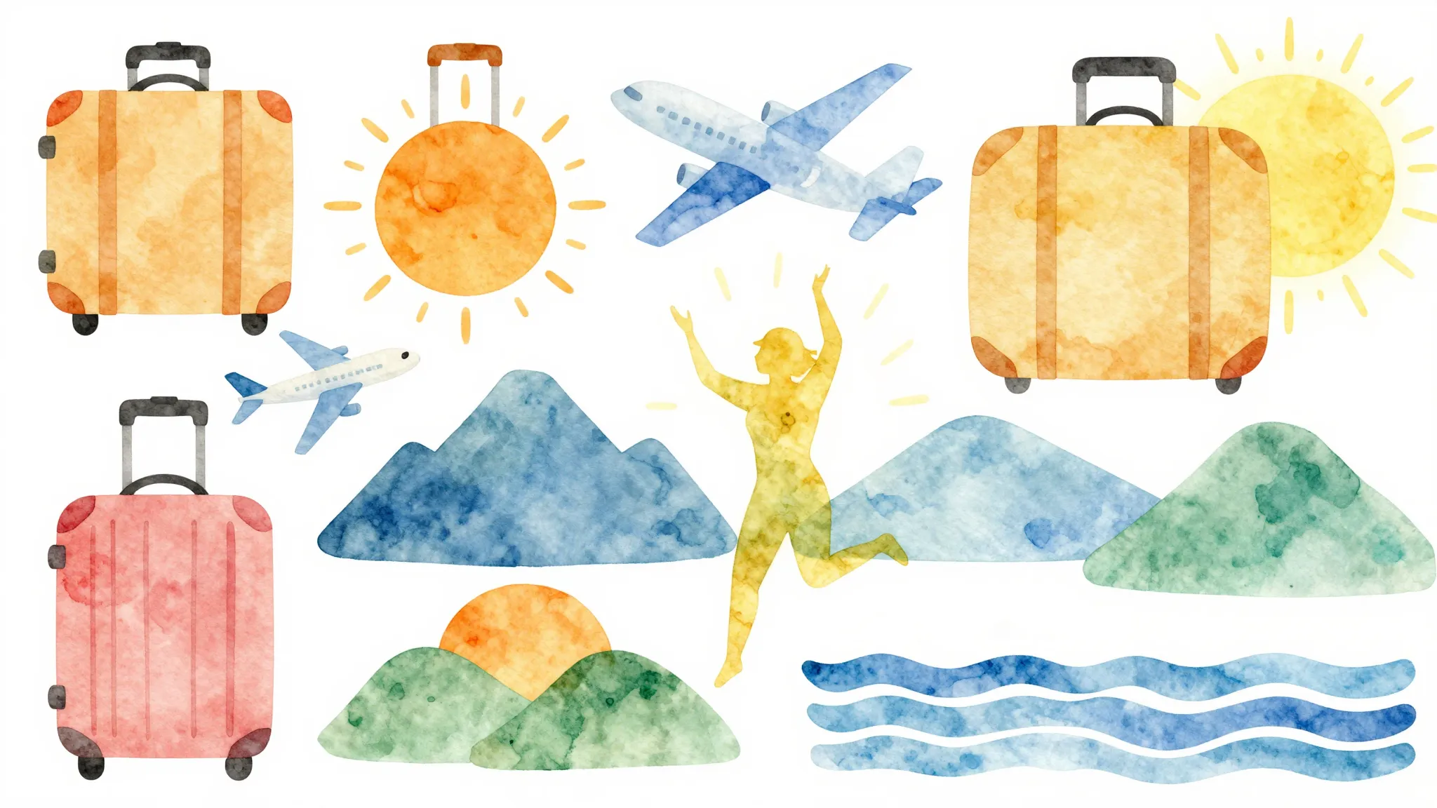 Vibrant watercolor style. Vibrant summer travel aesthetic, c...
