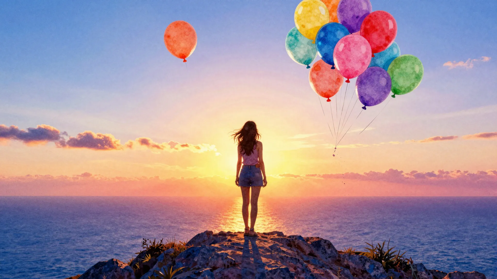 Watercolor style. A bright silhouette of a woman standing on...