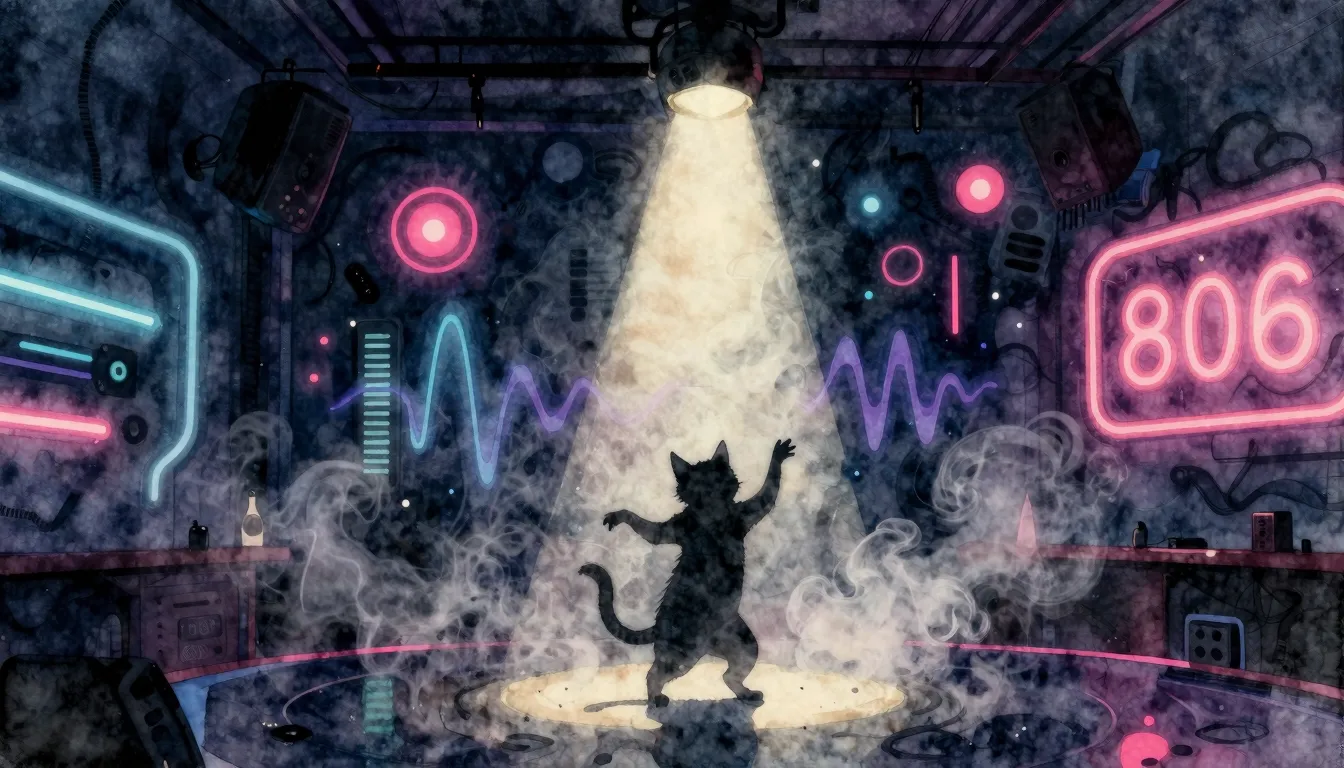 Watercolor style. Dark club atmosphere, neon lights, silhoue...