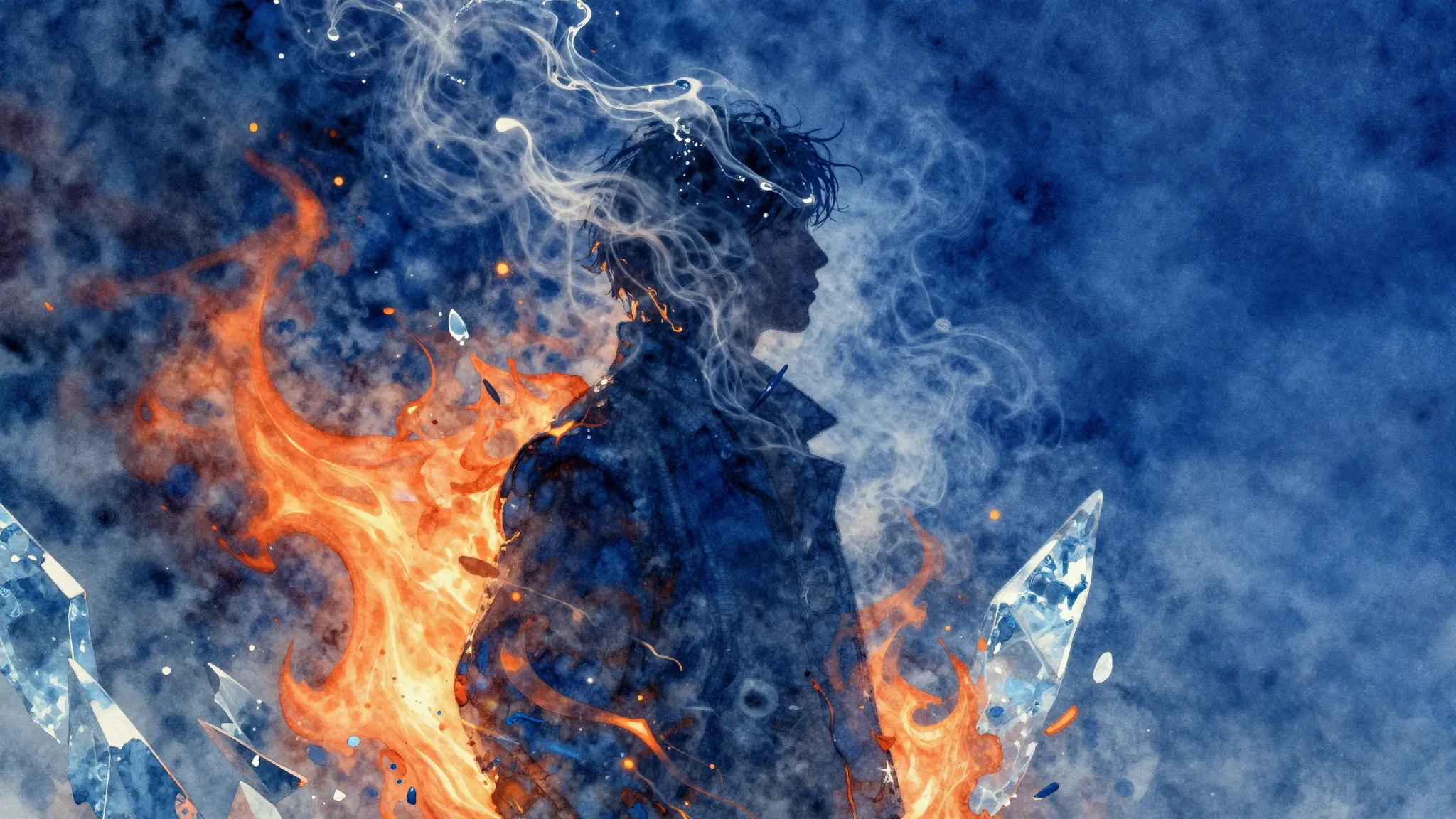 Vibrant watercolor style. Abstract blues album cover, a silh...