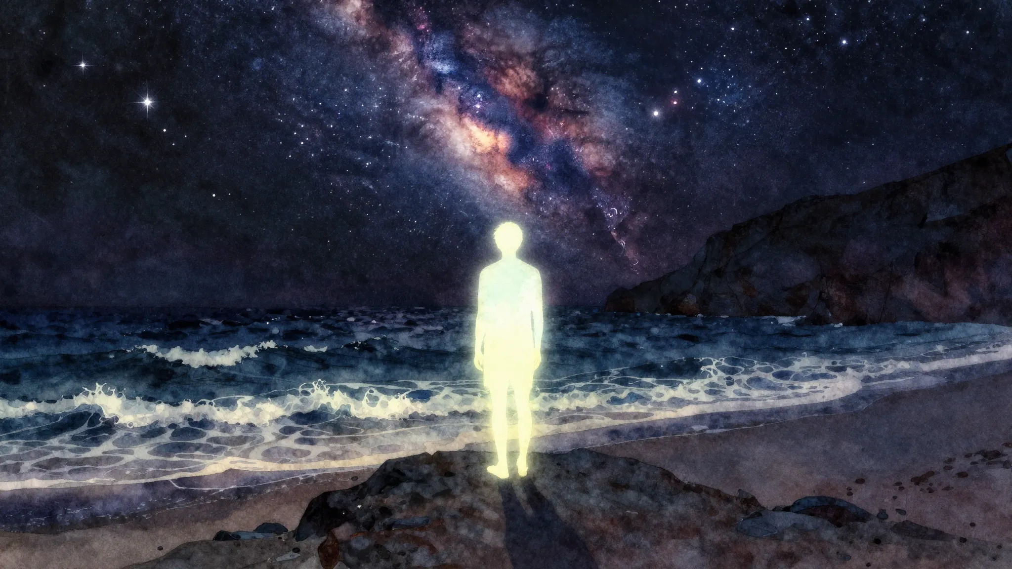 Vibrant watercolor style. A dark, atmospheric rock album cov...
