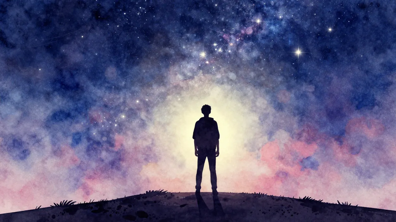 Watercolor style. A silhouette of a young man standing on a ...