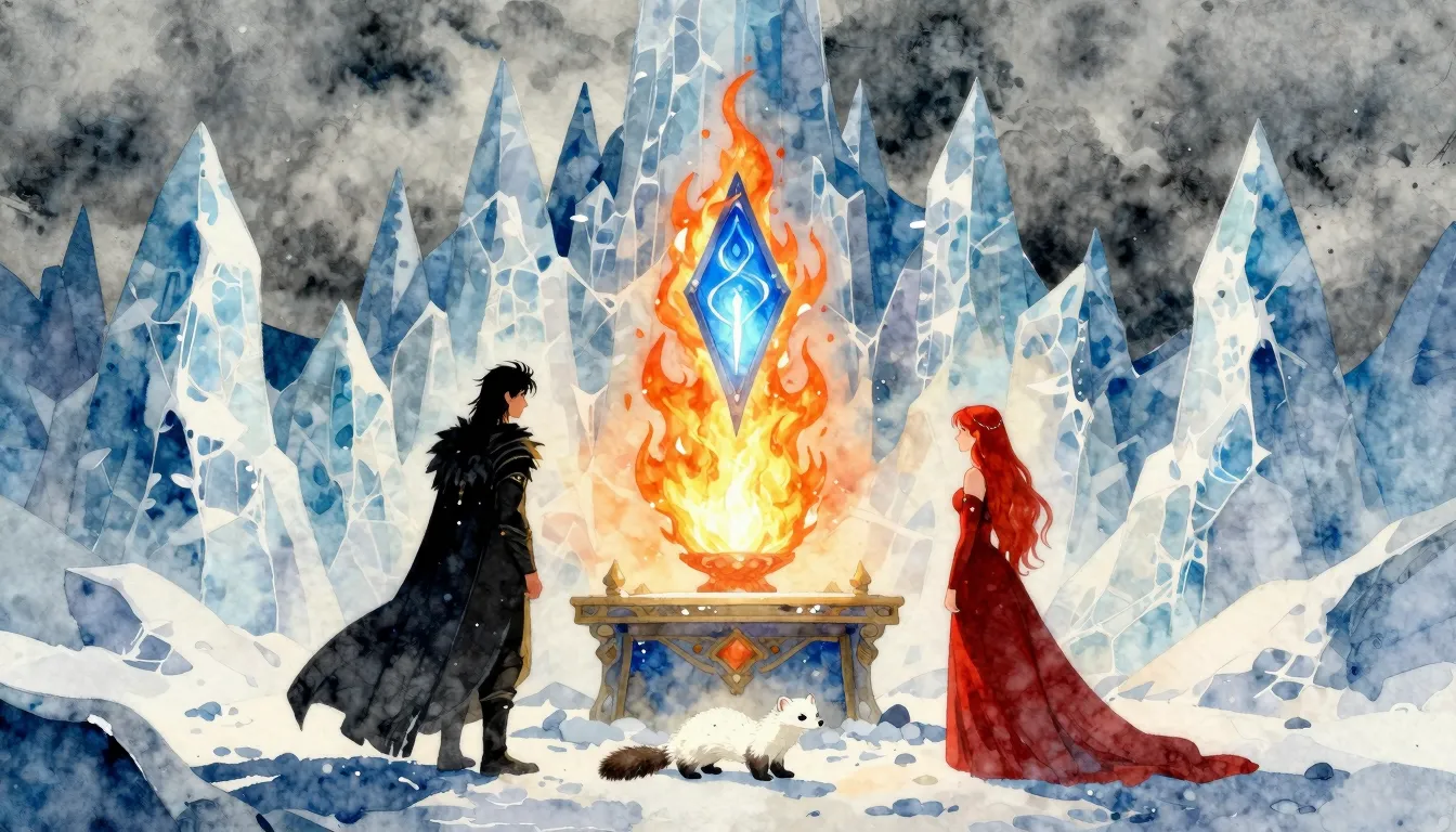 Vibrant watercolor style. A majestic ice wall reaching into ...
