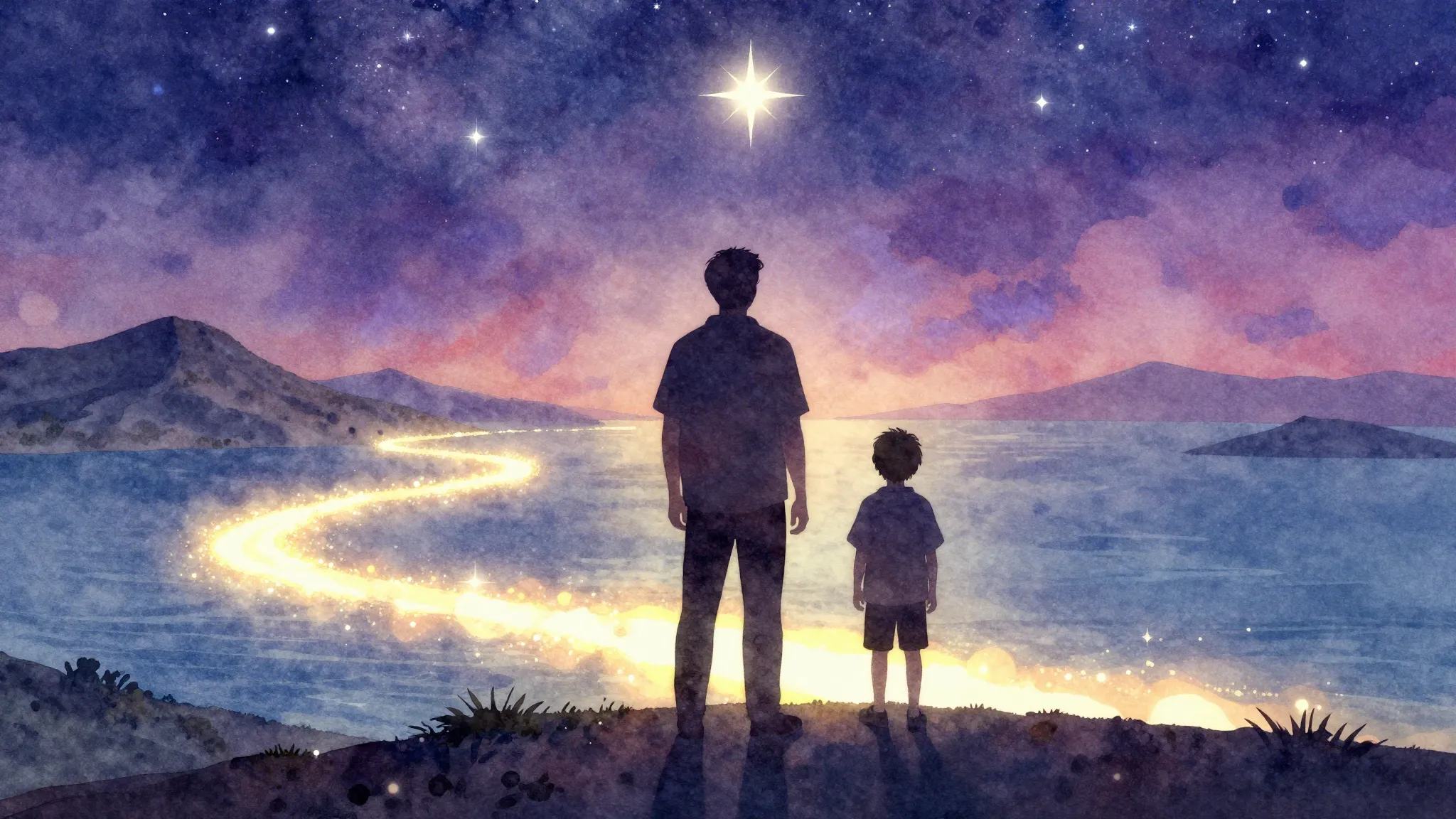 Vibrant watercolor style. A silhouette of a father and a gro...